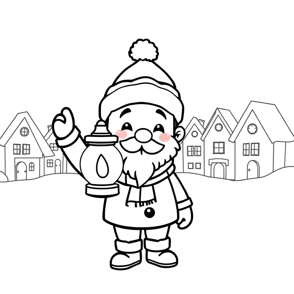 Kerst Kerstman Lantaarn Winterdorp Gezellig coloring page for children