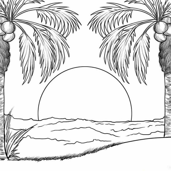 Coloring Page Palm Trees with Coconuts on Beach