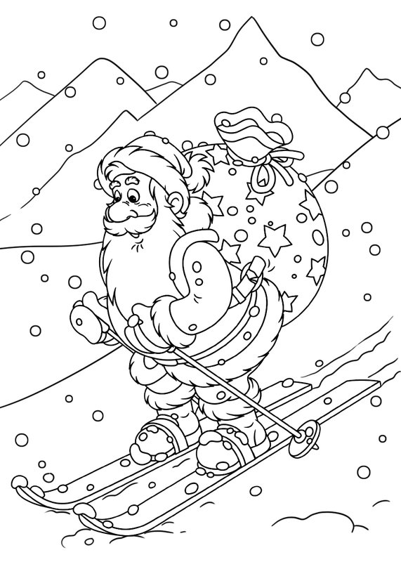 Winter Kerstman Ski coloring page for children