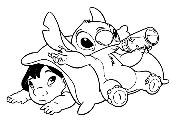 Coloring Page Lilo & Stitch Drinking from a Bottle