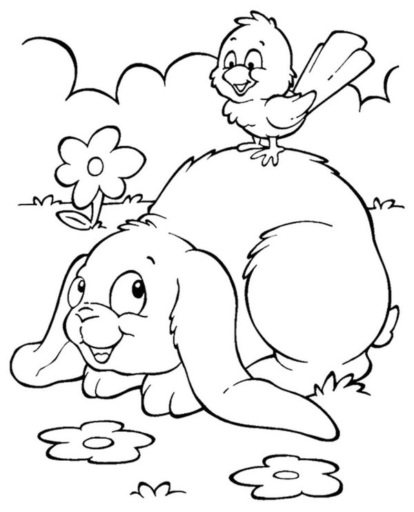 Coloring Page: Rabbit with Bird in Garden