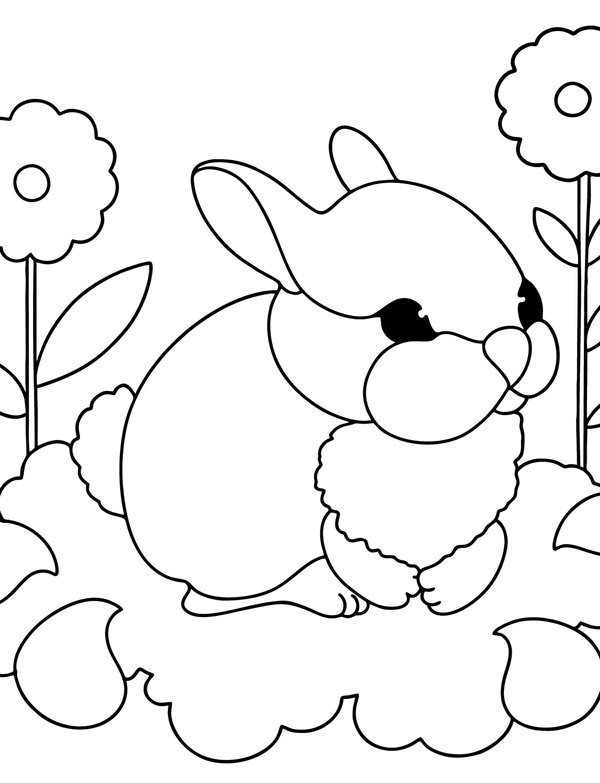 Coloring Page Simple Rabbit with Flowers