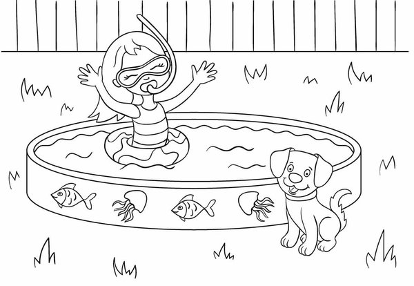 Summer Girl Coloring Page in Swimming Pool with Dog