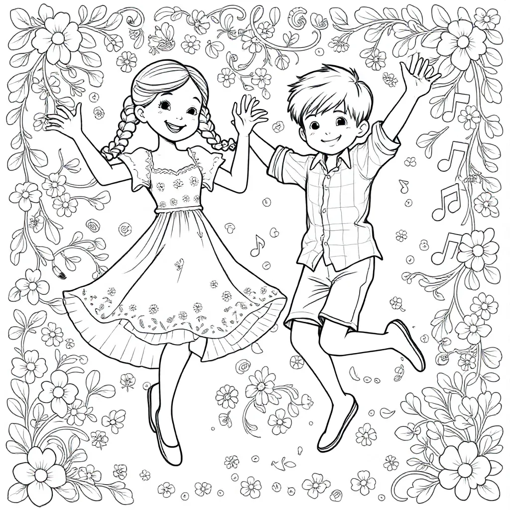 dansende kinderen coloring page for children