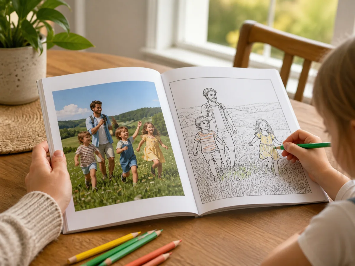 Een familiefoto naast dezelfde scène als kleurplaat in een boek