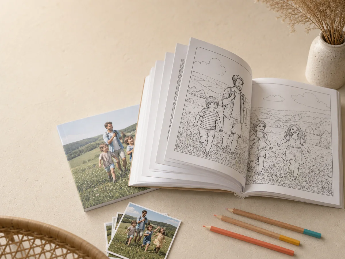 Gepersonaliseerd kleurboek met familiefoto’s en tien lijntekeningen